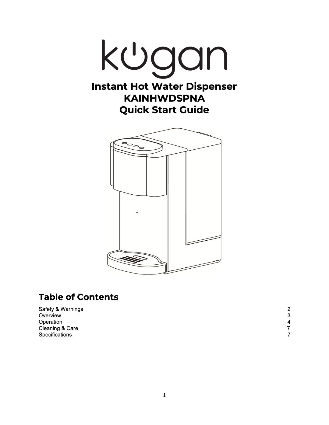 Cover for Kogan Instant Hot Water Dispenser KAINHWDSPNA Quick Start Guide